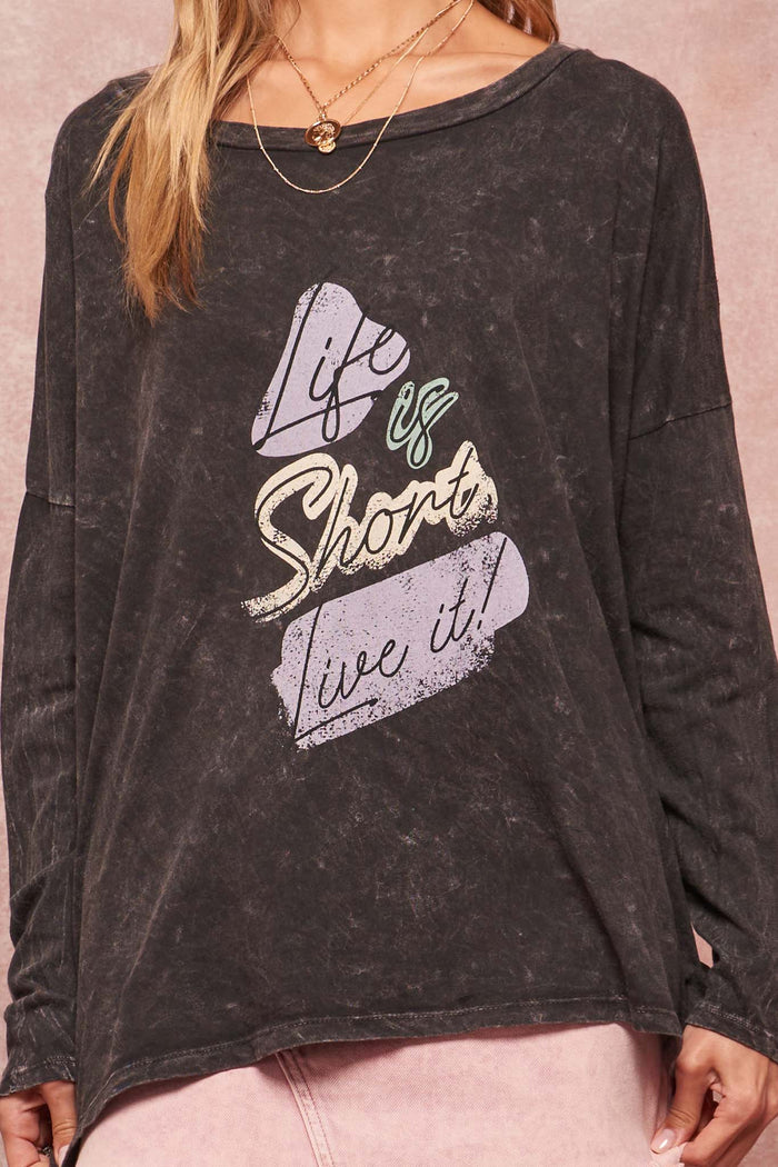 Life Is Short Vintage-Wash Long-Sleeve Graphic Tee - ShopPromesa