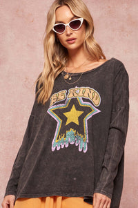 Be Kind Vintage-Washed Long-Sleeve Graphic Tee - ShopPromesa