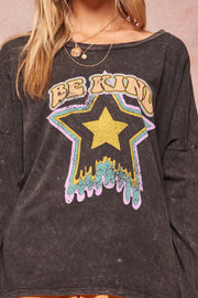 Be Kind Vintage-Washed Long-Sleeve Graphic Tee - ShopPromesa