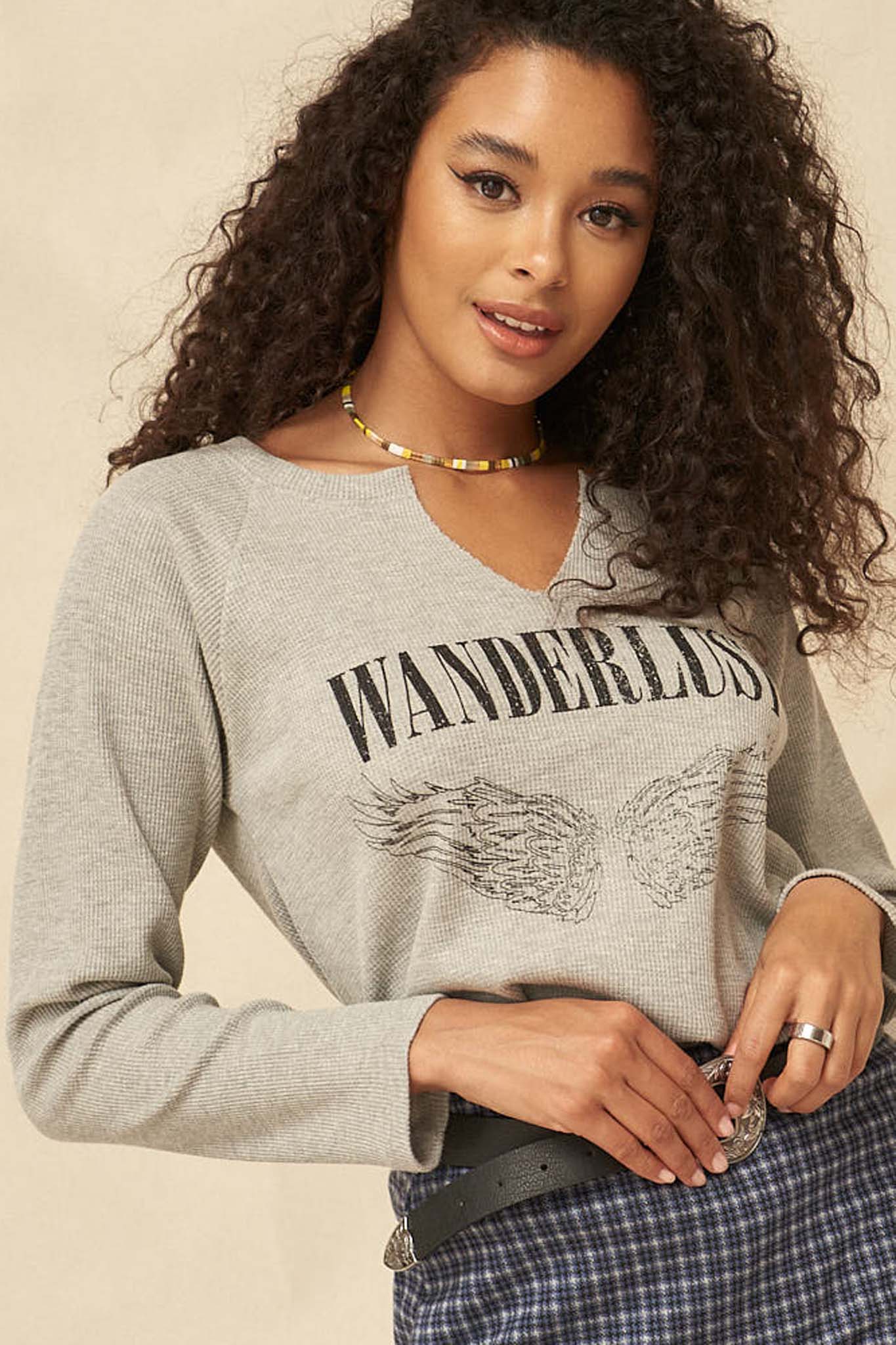 Wanderlust Vintage Split-Neck Thermal Graphic Top - ShopPromesa