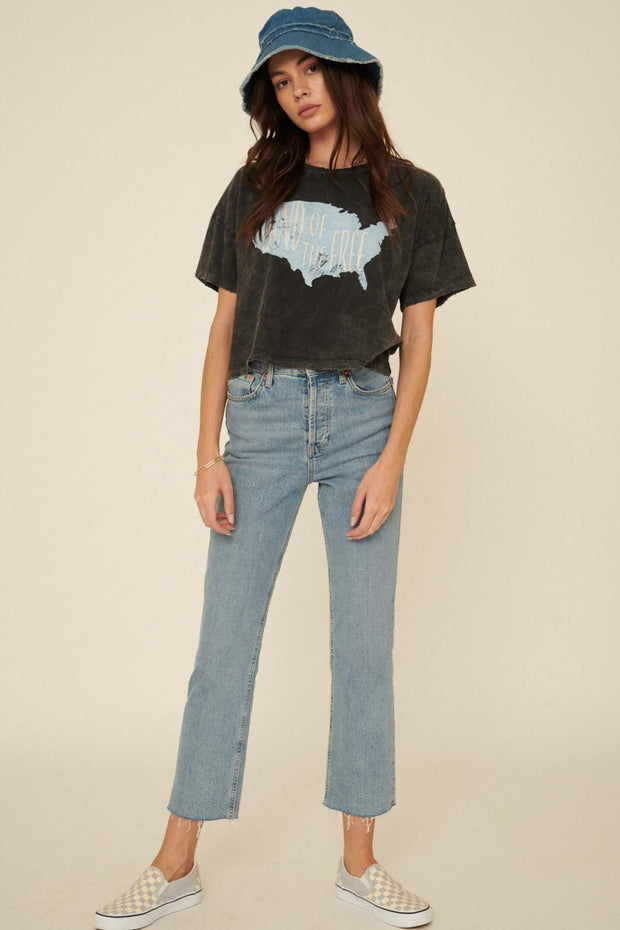 Land of the Free Vintage-Wash Cropped Graphic Tee - ShopPromesa