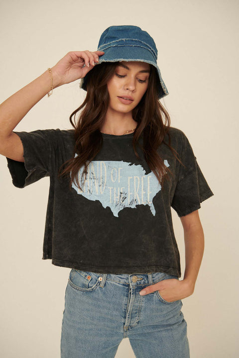 Land of the Free Vintage-Wash Cropped Graphic Tee - ShopPromesa