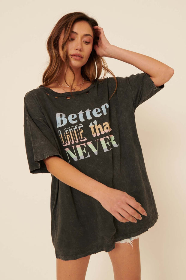Better Late Than Never Distressed Graphic Tee - ShopPromesa