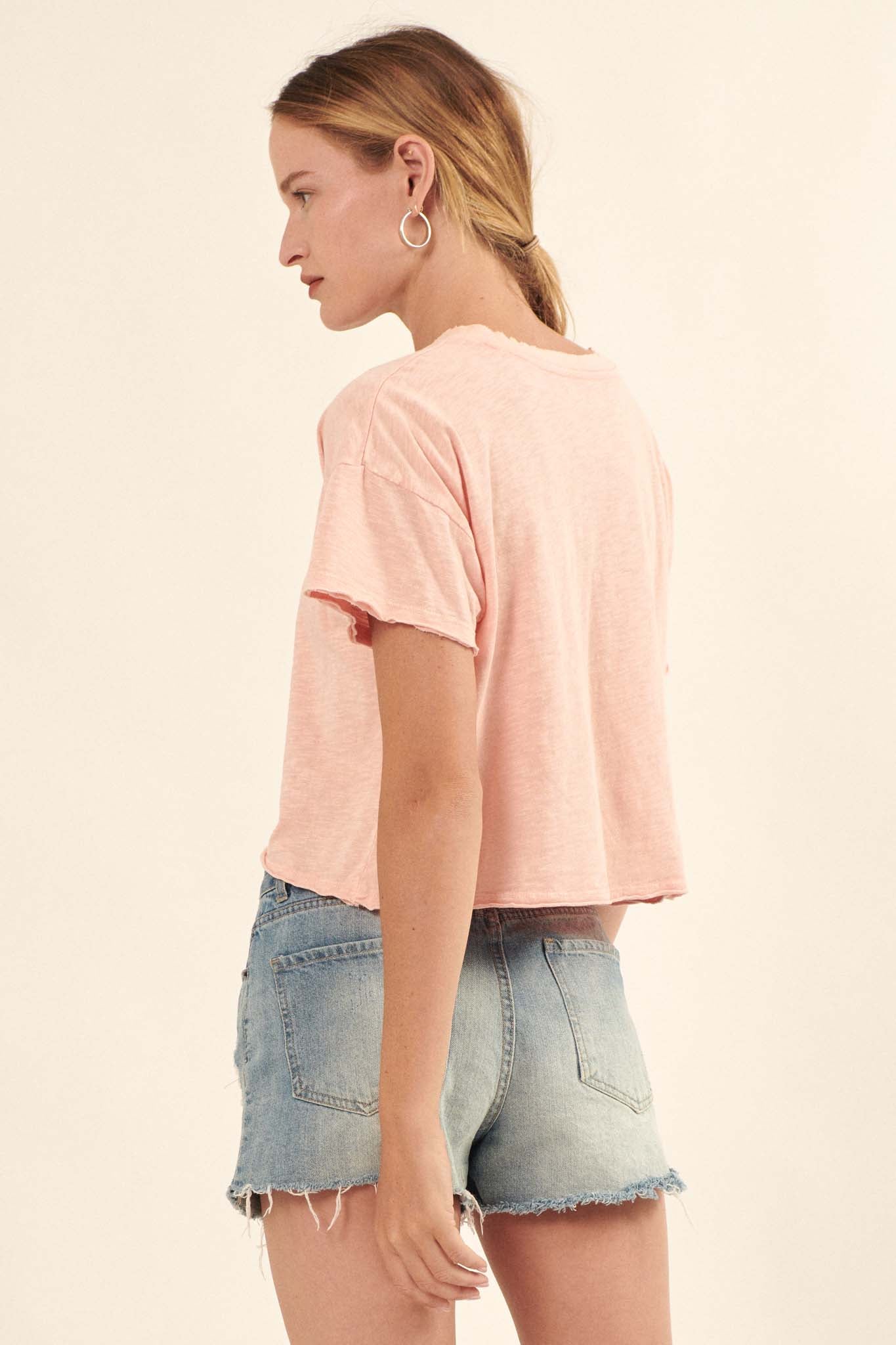 Low-Key Life Cropped Split-Neck Raw-Edge Tee - ShopPromesa