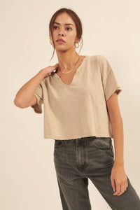 Low-Key Life Cropped Split-Neck Raw-Edge Tee - ShopPromesa