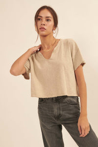 Low-Key Life Cropped Split-Neck Raw-Edge Tee - ShopPromesa