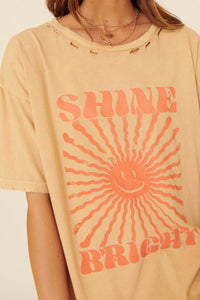 Shine Bright Smiley Face Distressed Graphic Tee - ShopPromesa