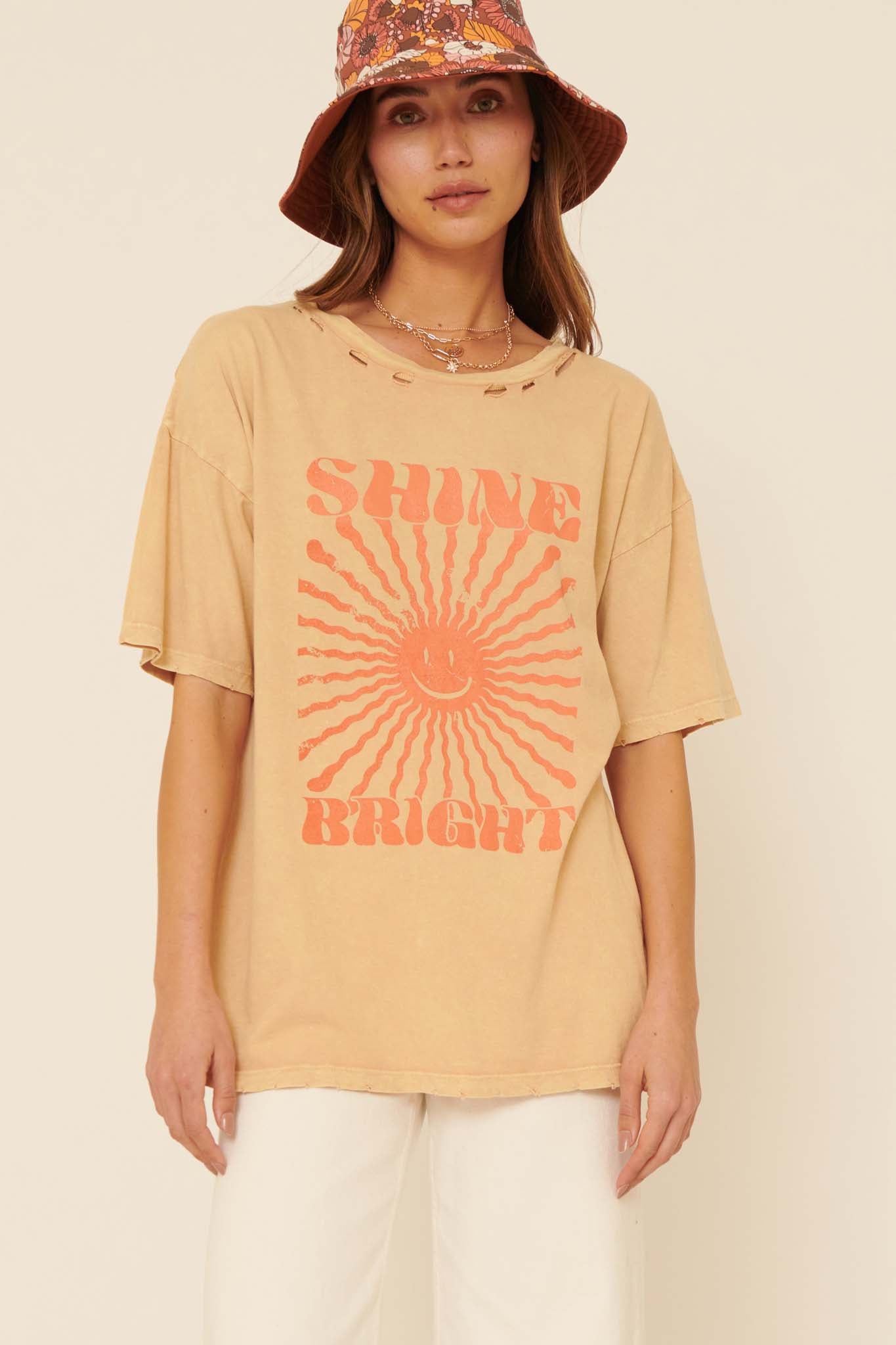 Shine Bright Smiley Face Distressed Graphic Tee - ShopPromesa