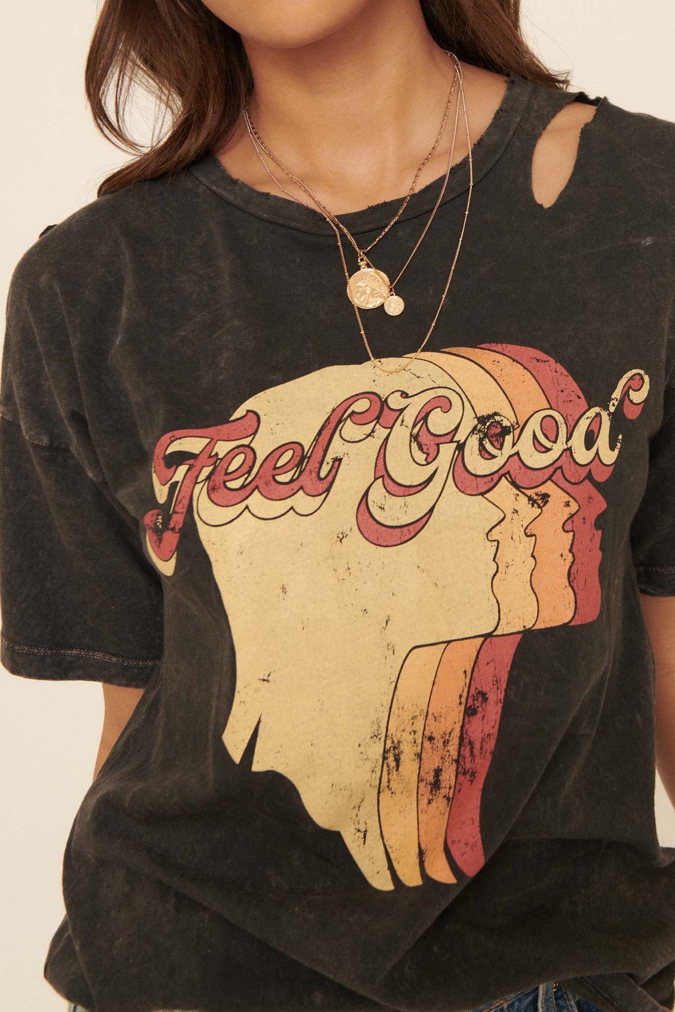 Feel Good Slashed Vintage-Wash Graphic Tee - ShopPromesa