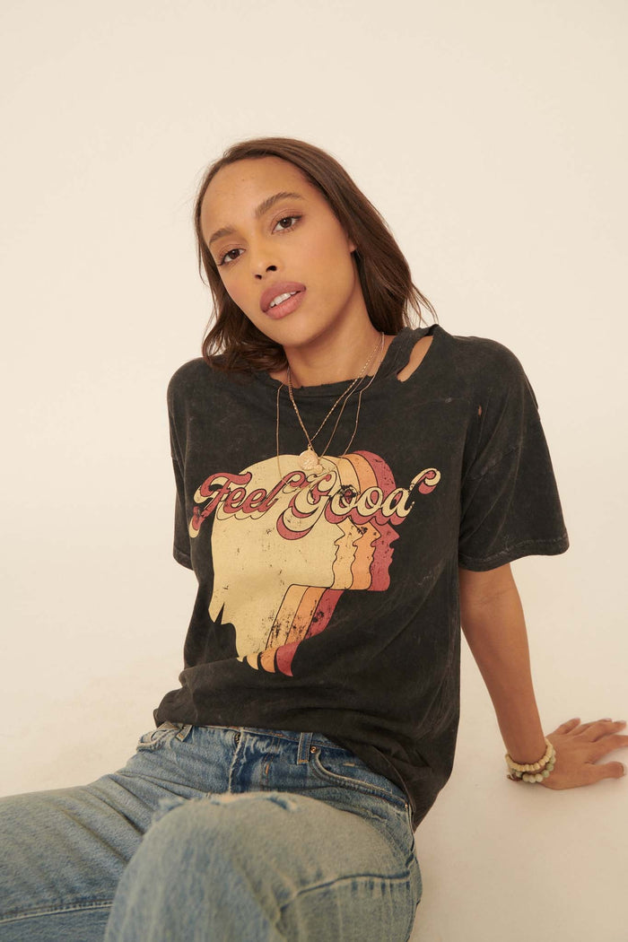 Feel Good Slashed Vintage-Wash Graphic Tee - ShopPromesa