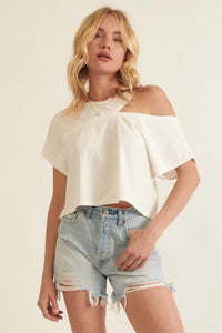 Street Smarts Solid Cutout Shoulder Cropped Tee - ShopPromesa