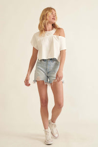 Street Smarts Solid Cutout Shoulder Cropped Tee - ShopPromesa