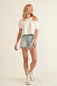 Street Smarts Solid Cutout Shoulder Cropped Tee - ShopPromesa