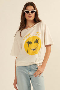 Love Life Distressed Palm Tree Smiley Graphic Tee - ShopPromesa