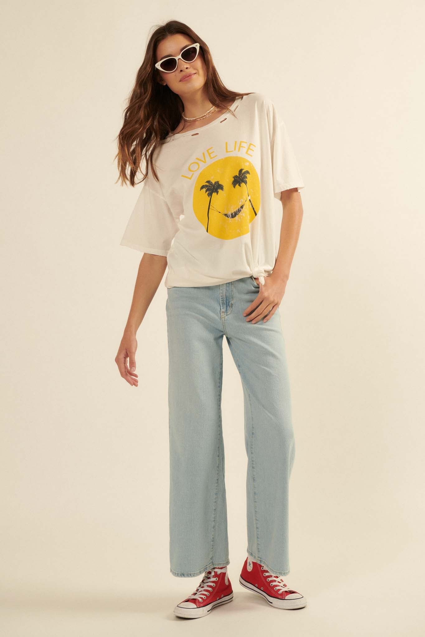 Love Life Distressed Palm Tree Smiley Graphic Tee - ShopPromesa