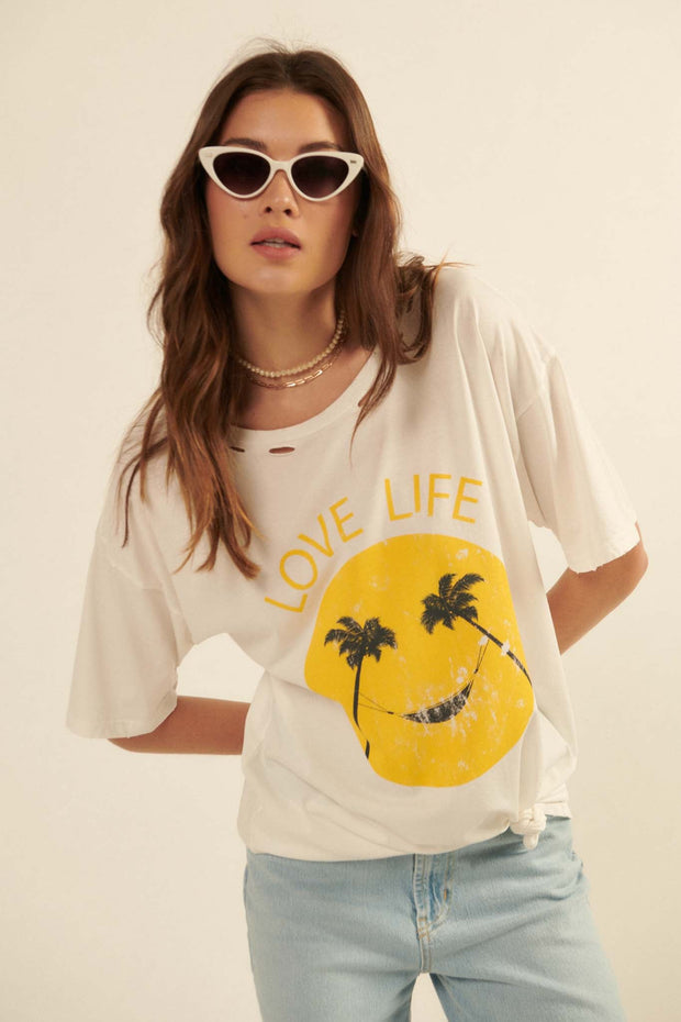 Love Life Distressed Palm Tree Smiley Graphic Tee - ShopPromesa