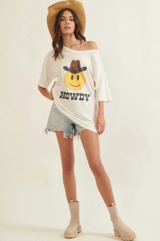Howdy Cowboy Smiley Distressed Graphic Tee - ShopPromesa