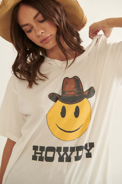 Howdy Cowboy Smiley Distressed Graphic Tee