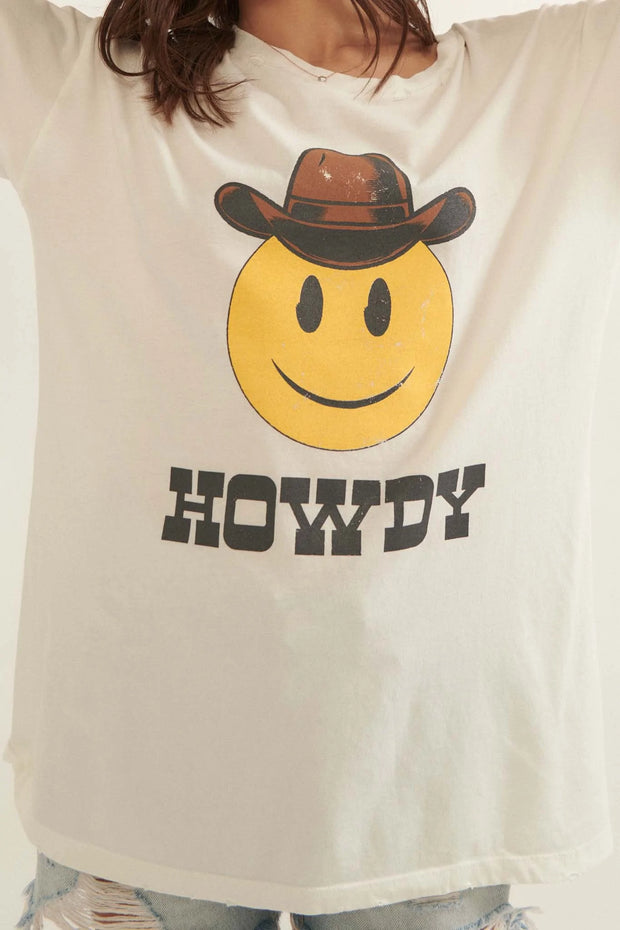 Howdy Cowboy Smiley Distressed Graphic Tee - ShopPromesa