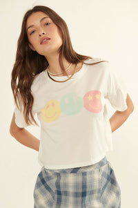 Smiley Trio Cropped Vintage Graphic Tee - ShopPromesa