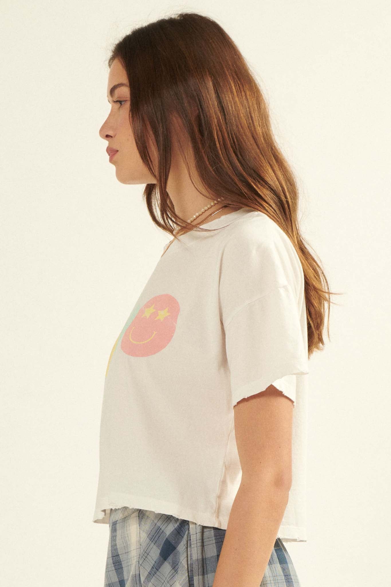 Smiley Trio Cropped Vintage Graphic Tee - ShopPromesa