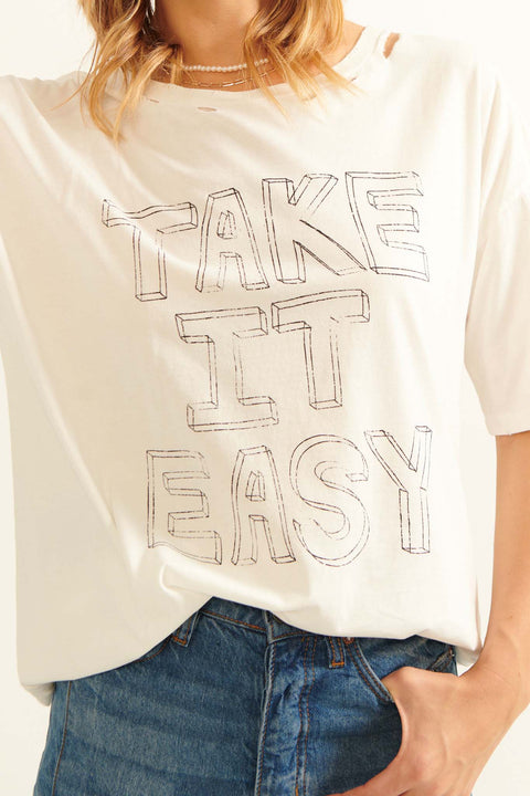 Take It Easy Distressed Sketch Text Graphic Tee - ShopPromesa
