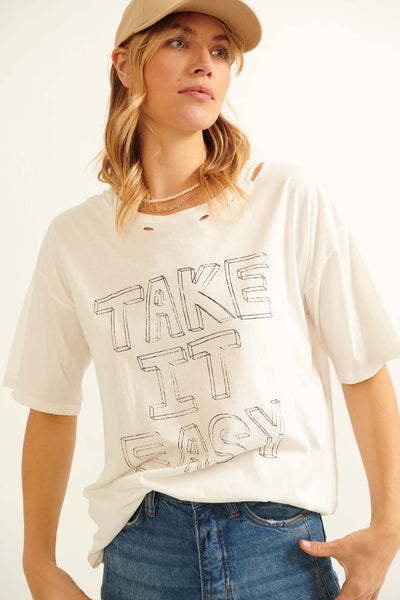 Take It Easy Distressed Sketch Text Graphic Tee - ShopPromesa