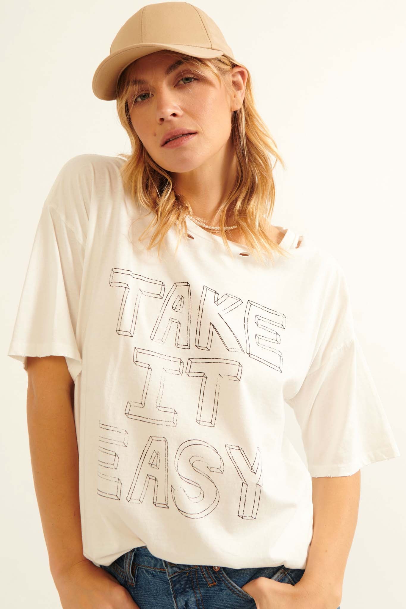 Take It Easy Distressed Sketch Text Graphic Tee - ShopPromesa