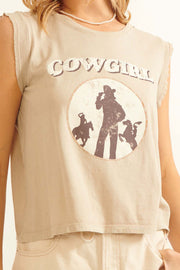 Cowgirl Vintage-Wash Sleeveless Graphic Tee - ShopPromesa