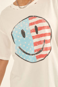 USA Smiley Face Distressed Graphic Tee - ShopPromesa