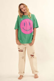 Pink Smiley Face Distressed Oversize Graphic Tee - ShopPromesa