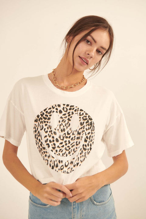 Fiercely Happy Leopard Smiley Face Graphic Tee - ShopPromesa