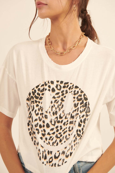 Fiercely Happy Leopard Smiley Face Graphic Tee - ShopPromesa