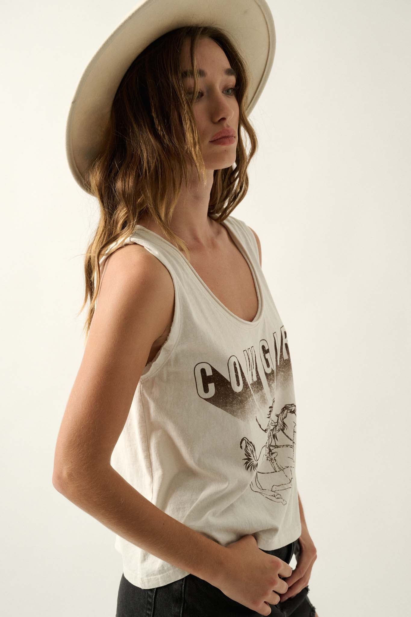 Cowgirl Vintage-Print Raw-Edge Tank Top - ShopPromesa