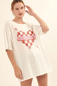 Cherry Love Checker Heart Distressed Graphic Tee - ShopPromesa