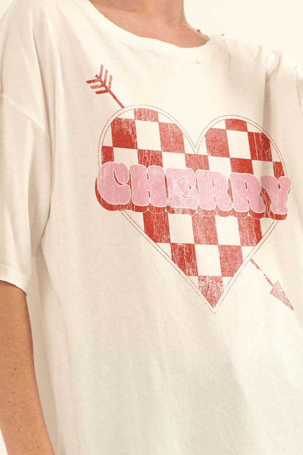 Cherry Love Checker Heart Distressed Graphic Tee - ShopPromesa