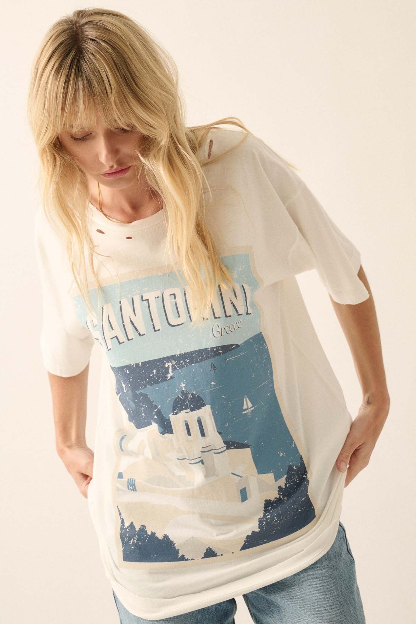 Santorini Travel Poster Distressed Graphic Tee - ShopPromesa