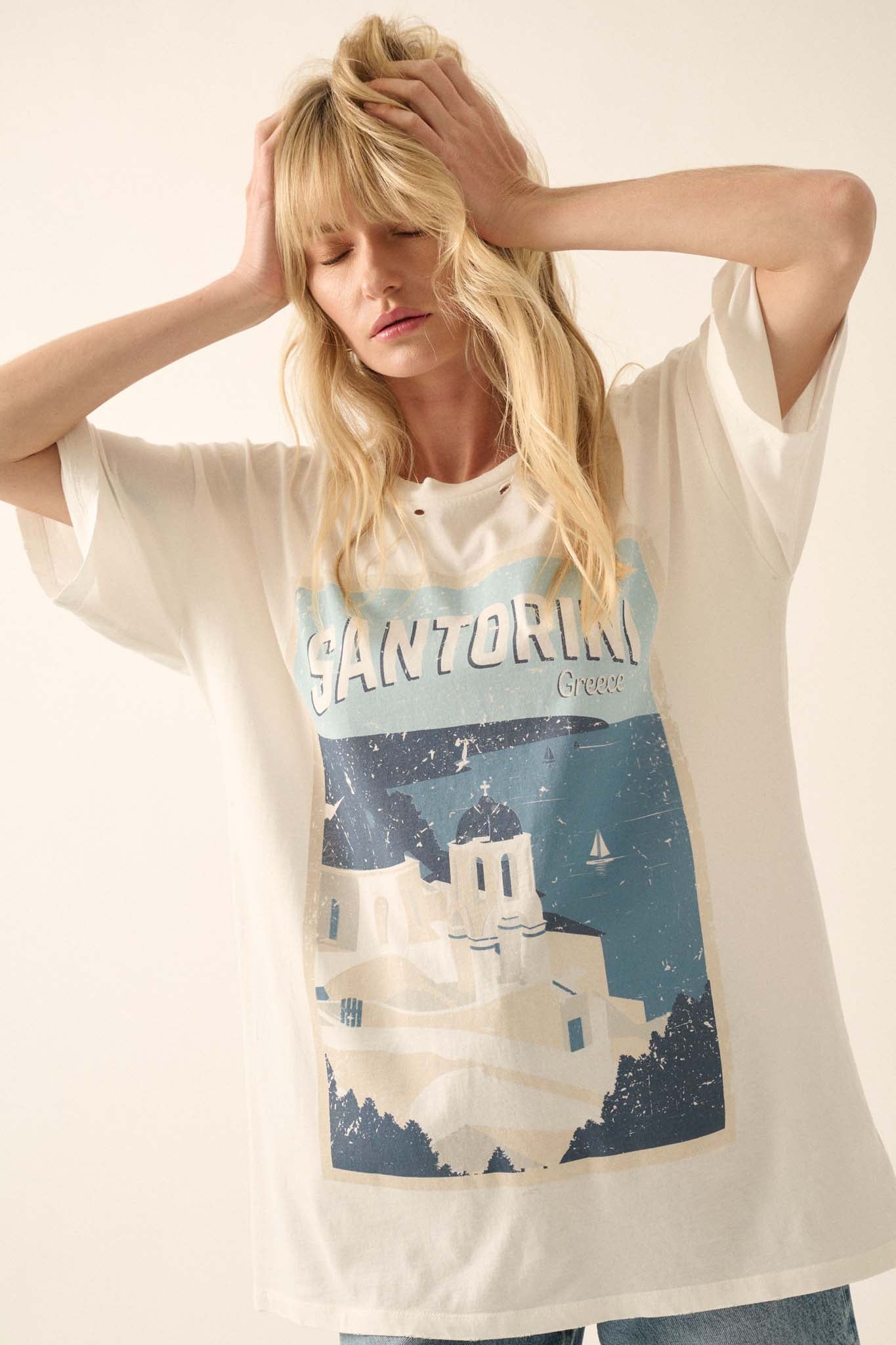 Santorini Travel Poster Distressed Graphic Tee - ShopPromesa