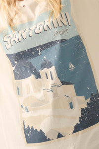 Santorini Travel Poster Distressed Graphic Tee - ShopPromesa