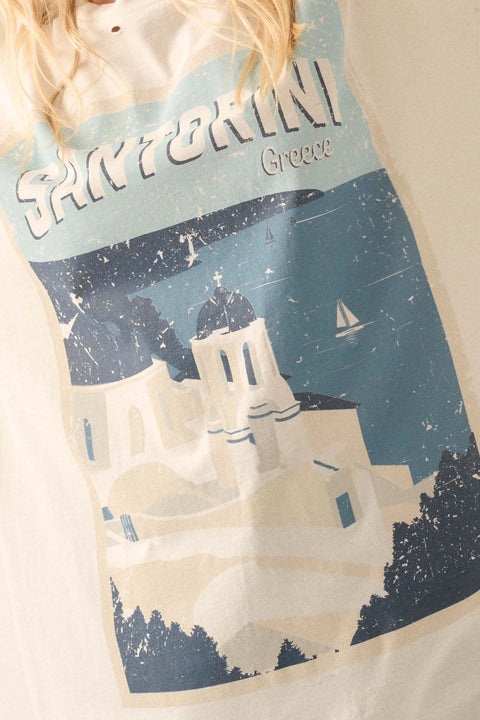 Santorini Travel Poster Distressed Graphic Tee - ShopPromesa
