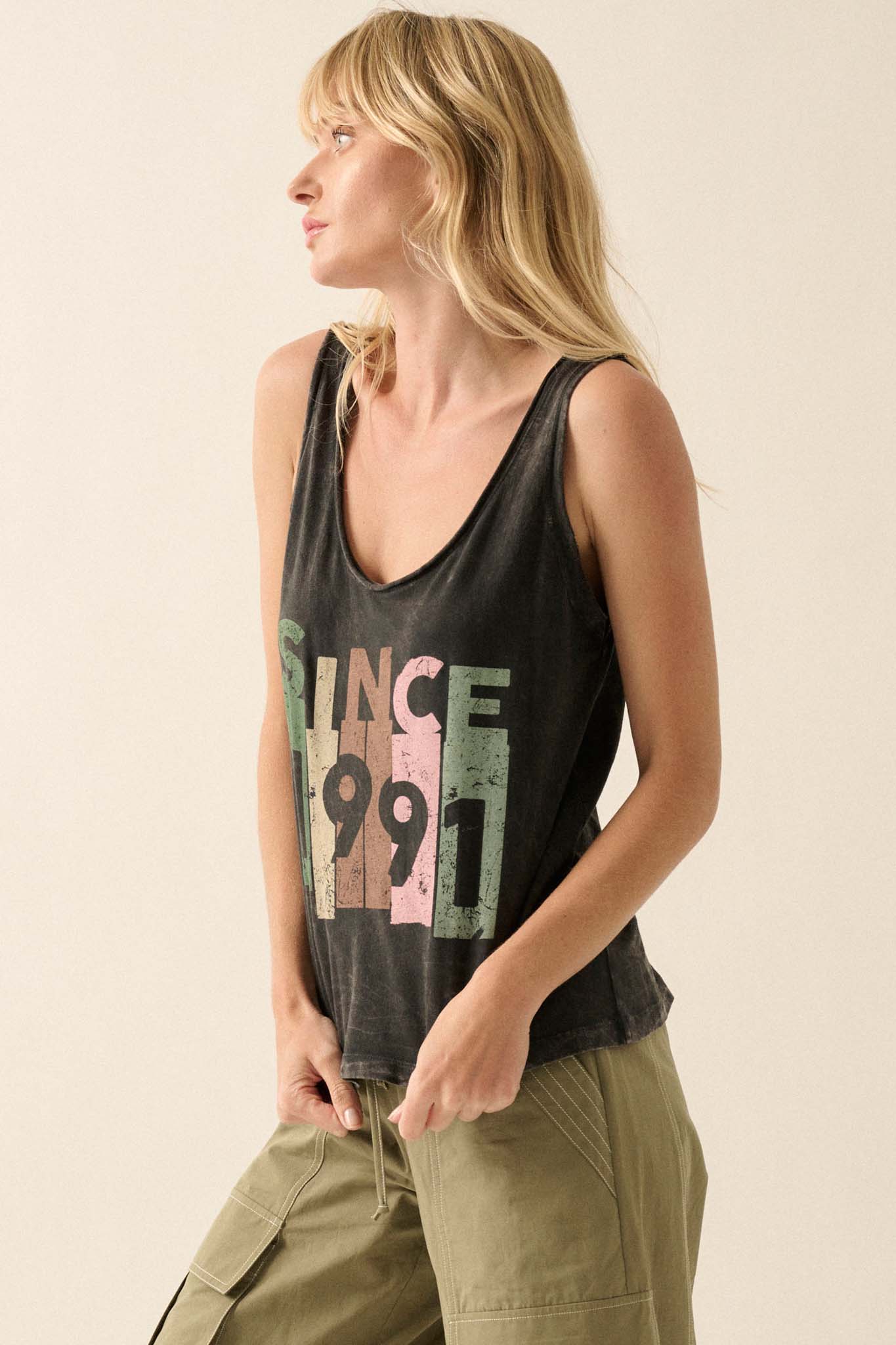 Since 1991 Vintage-Wash Raw-Edge Graphic Tank Top - ShopPromesa