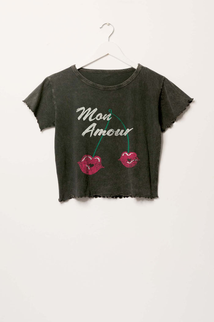 Mon Amour Cropped Lettuce-Edge Graphic Baby Tee - ShopPromesa