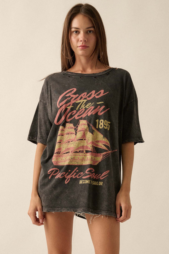 Sailing Ship Distressed Vintage-Wash Graphic Tee - ShopPromesa