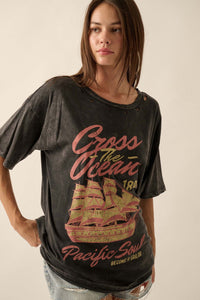 Sailing Ship Distressed Vintage-Wash Graphic Tee - ShopPromesa