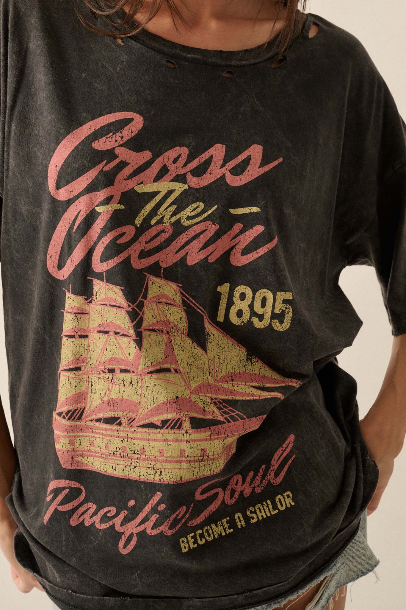 Sailing Ship Distressed Vintage-Wash Graphic Tee - ShopPromesa