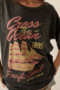 Sailing Ship Distressed Vintage-Wash Graphic Tee - ShopPromesa