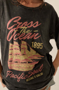 Sailing Ship Distressed Vintage-Wash Graphic Tee - ShopPromesa