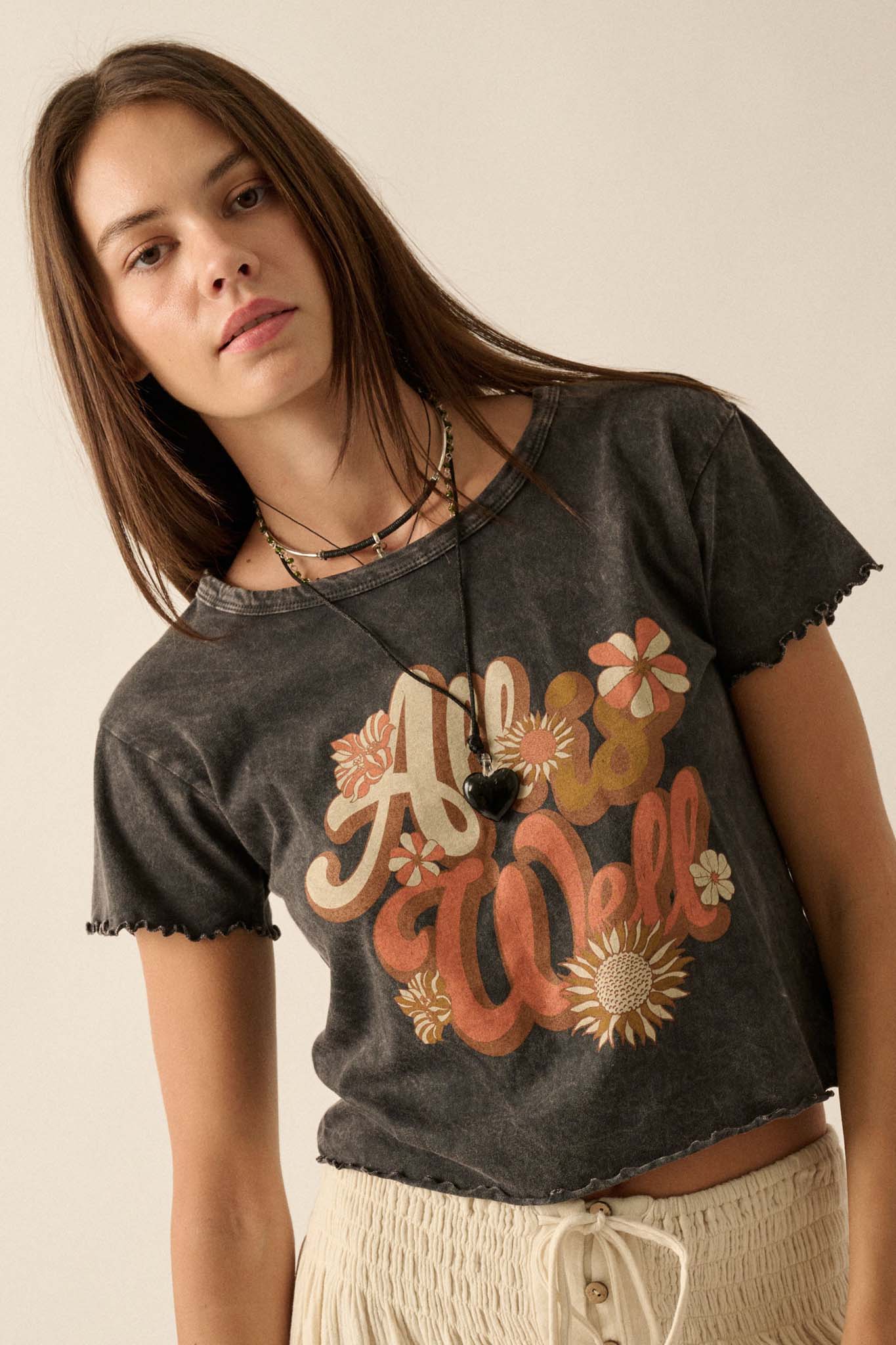 All is Well Cropped Lettuce-Edge Graphic Baby Tee - ShopPromesa