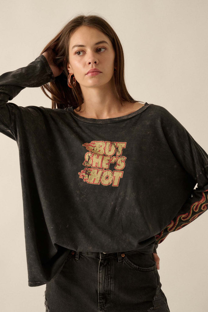 But She's Hot Vintage-Print Long-Sleeve Graphic Tee - ShopPromesa