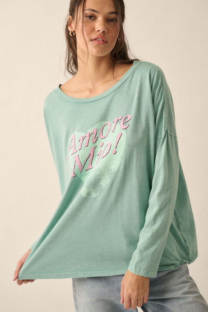 Amore Mio Vintage-Wash Long-Sleeve Graphic Tee - ShopPromesa